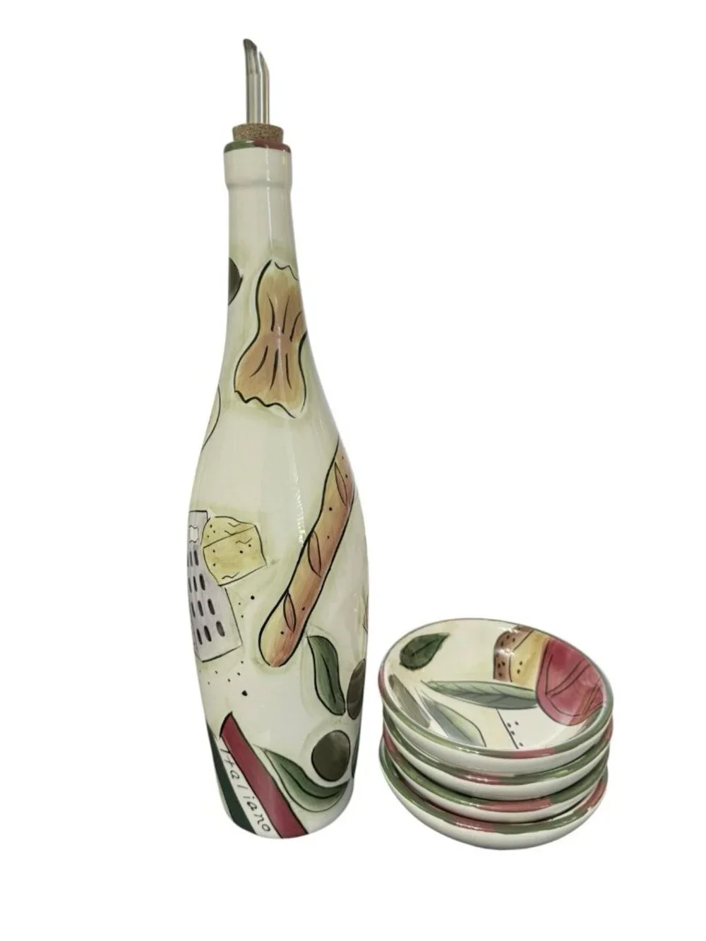 Pampered Chef Olive Oil Bottle Cruet Italian Theme With Dipping Bowls NEW